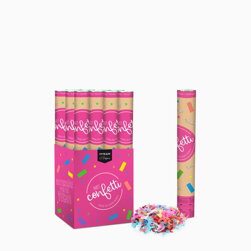 Set 12 Cañones Confeti Cuadrado 40 cm Metalizado Multicolor + Caja Expositora