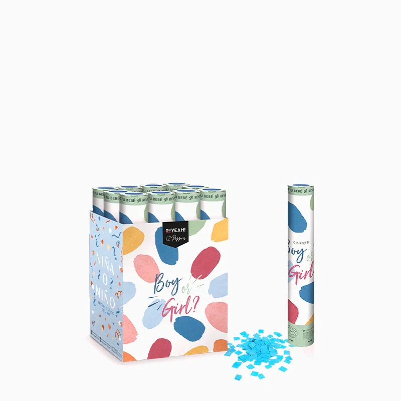 Set 12 Cañones Confeti Cuadrado Biodegradable 30 cm Revelación Género Azul + Caja Expositora
