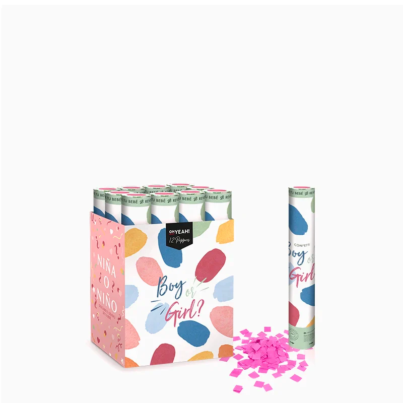 Set 12 Cañones Confeti Cuadrado Biodegradable 30 cm Revelación Género Rosa + Caja Expositora