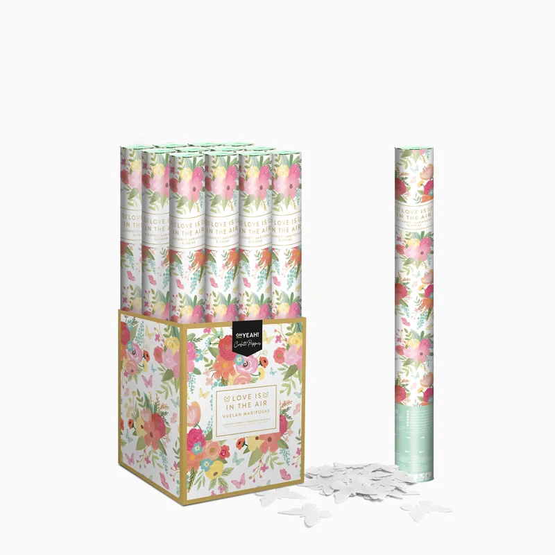 Set 12 Cañones Confeti Mariposas Biodegradable 50 cm Blanco + Caja Expositora