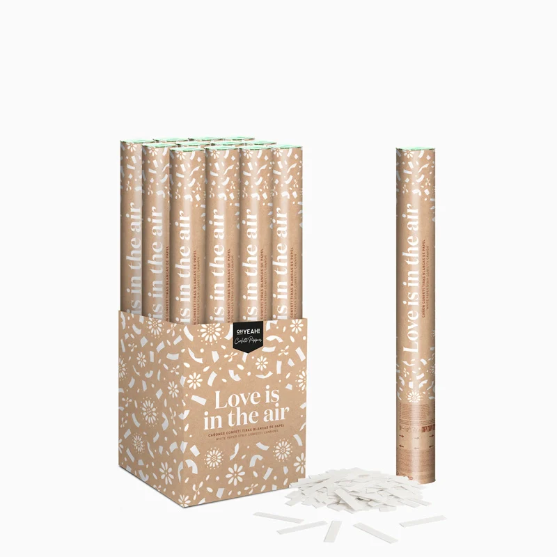 Set 12 Cañones Confeti Tiras Biodegradable 50 cm Blanco + Caja Expositora