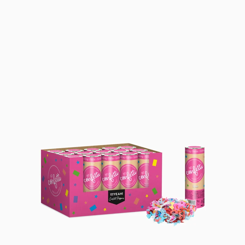 Set 24 Mini Cañones Confeti 15 cm Papel Biodegradable Multicolor + Caja Expositora