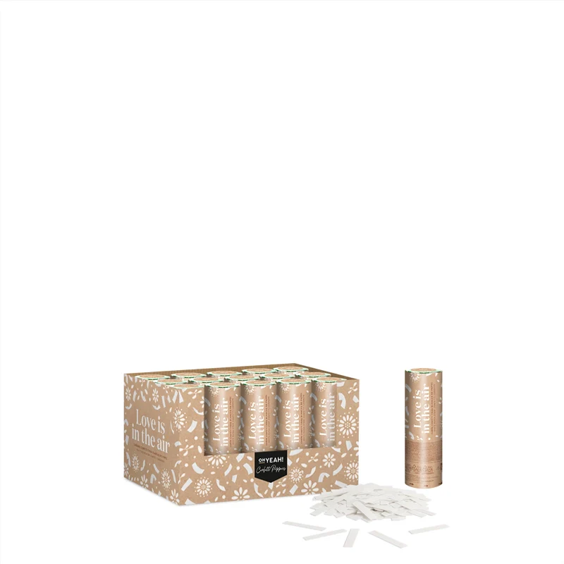 Set 24 Mini Cañones Confeti Tiras Biodegradable 15 cm Blanco + Caja Expositora