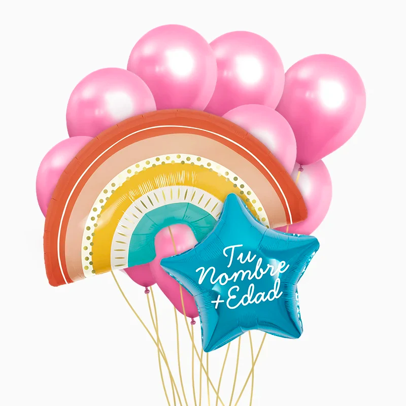 Set Globos Arcoíris Personalizado Nombre y Edad Vinilo Blanco - Image 4