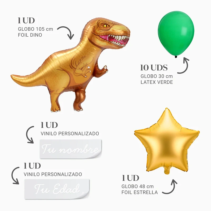 Set Globos Foil Dinosaurios T-Rex XL Personalizado Nombre y Edad Vinilo Blanco - Image 3