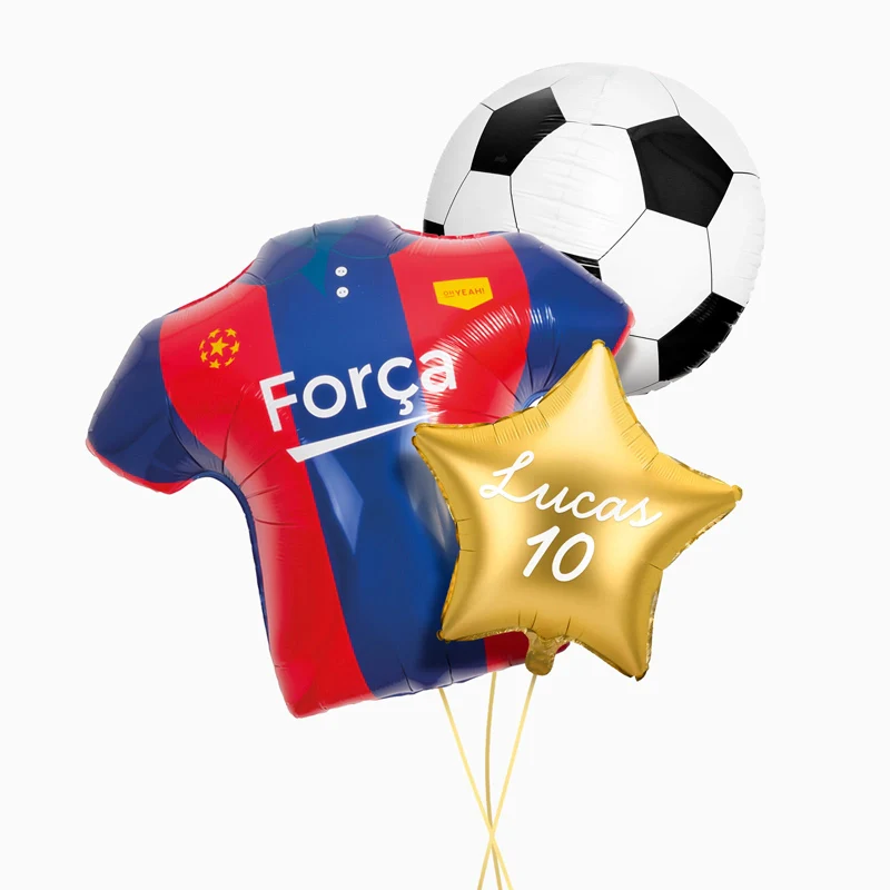 Set Globos Fútbol Camiseta Rojo y Azul Personalizado Nombre y Edad Vinilo Blanco