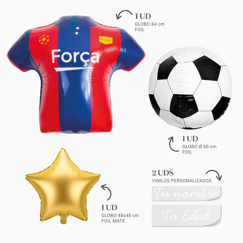 Set Globos Fútbol Camiseta Rojo y Azul Personalizado Nombre y Edad Vinilo Blanco - Image 3
