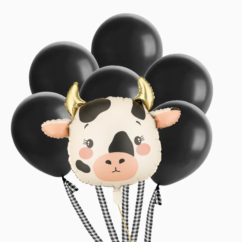 Set Globos Látex Negro con Globo Foil Vaca y Cintas Vichy Negro