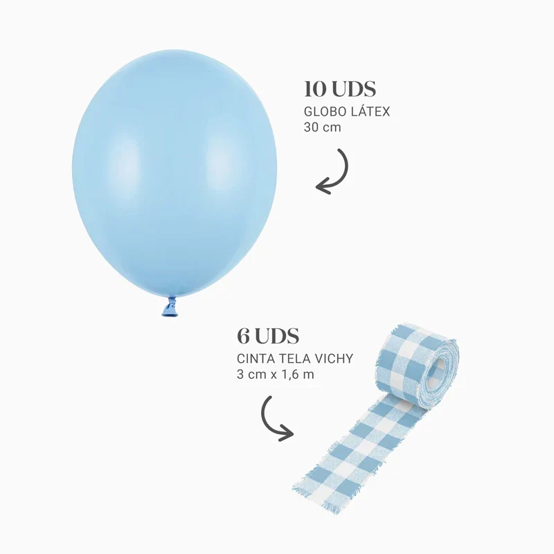 Set Globos Látex Ø 30 cm Azul Claro Pastel con Cintas Vichy - Image 2