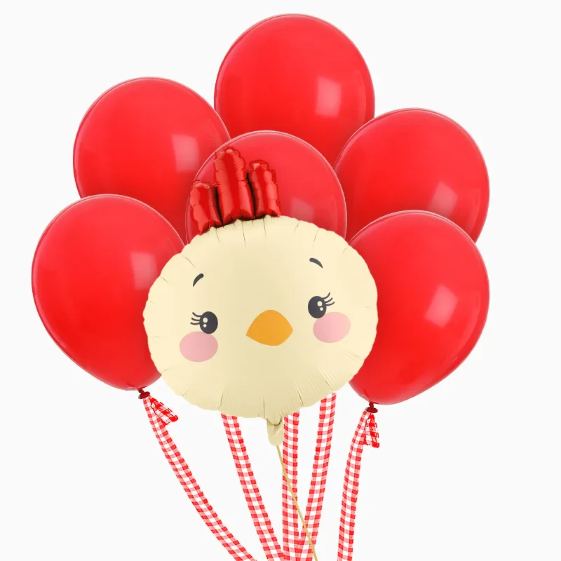Set Globos Látex Rojo con Globo Foil Gallina y Cintas Vichy Rojo