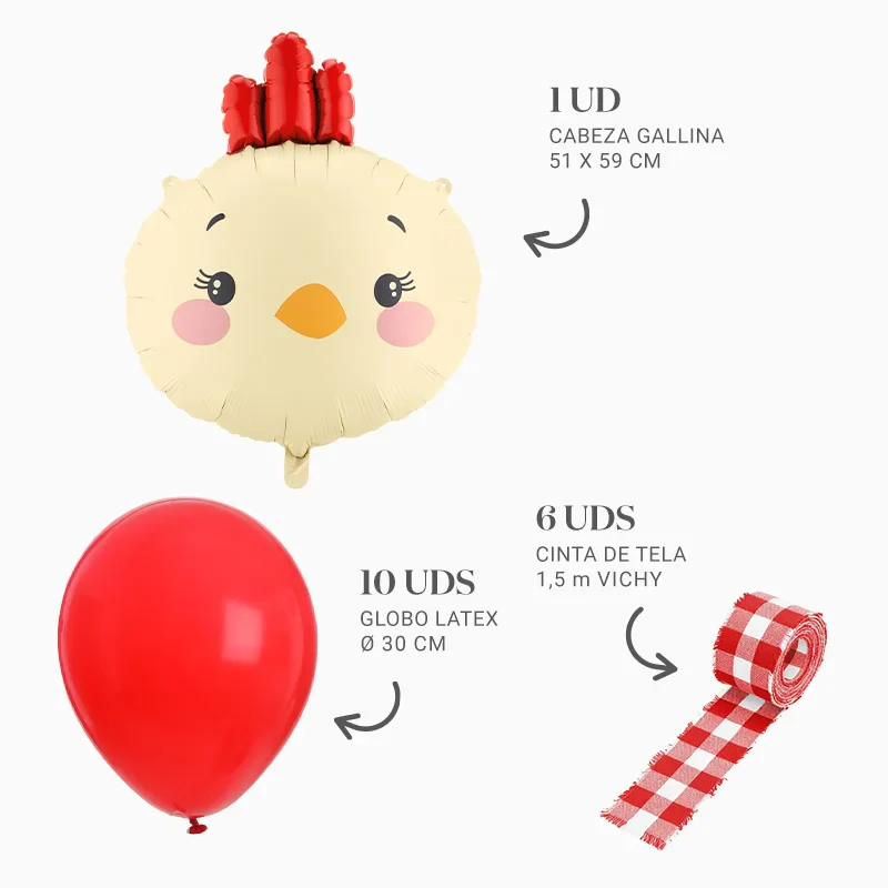 Set Globos Látex Rojo con Globo Foil Gallina y Cintas Vichy Rojo - Image 3