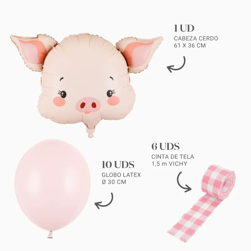 Set Globos Látex Rosa Pastel con Globo Foil Cerdo y Cintas Vichy Rosa - Image 3
