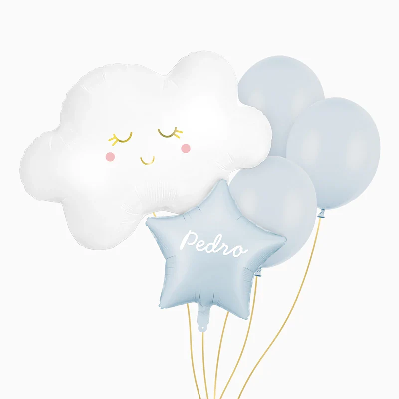 Set Globos Nube Azul Personalizado Nombre Vinilo Blanco
