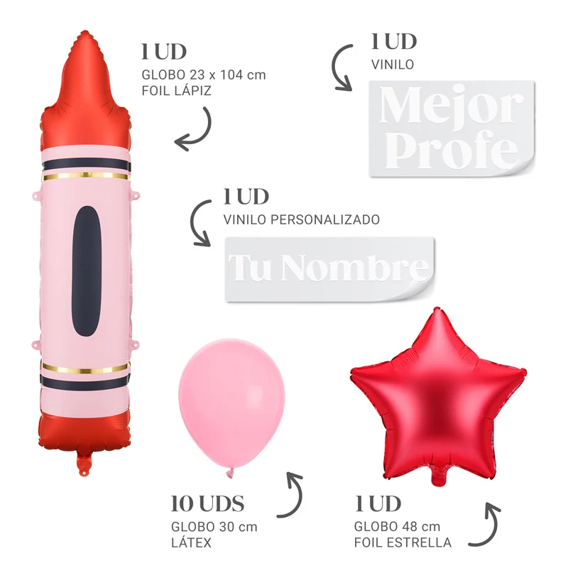 Set Globos Profe Personalizado Nombre Vinilo Blanco - Image 3