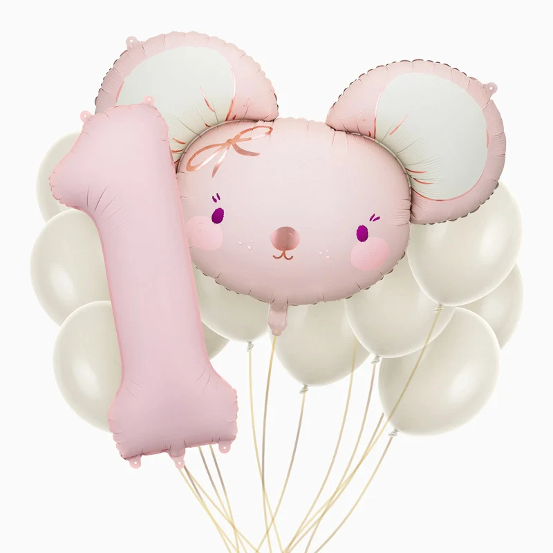 Set Globos Ratón Rosa Foil Primer Cumpleaños
