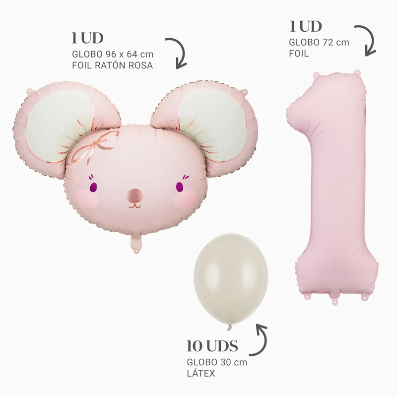 Set Globos Ratón Rosa Foil Primer Cumpleaños - Image 2