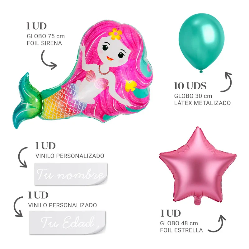 Set Globos Sirena Personalizado Nombre y Edad Vinilo Blanco - Image 3
