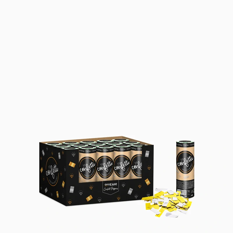 Set 24 Mini Cañones Confeti Cuadrado 15 cm Metalizado Oro y Plata + Caja Expositora