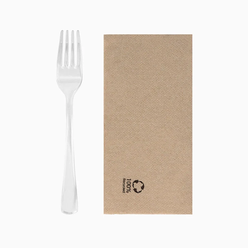 Tenedor Plástico PS Reutilizable 18.5 cm Transparente con Servilleta Kraft
