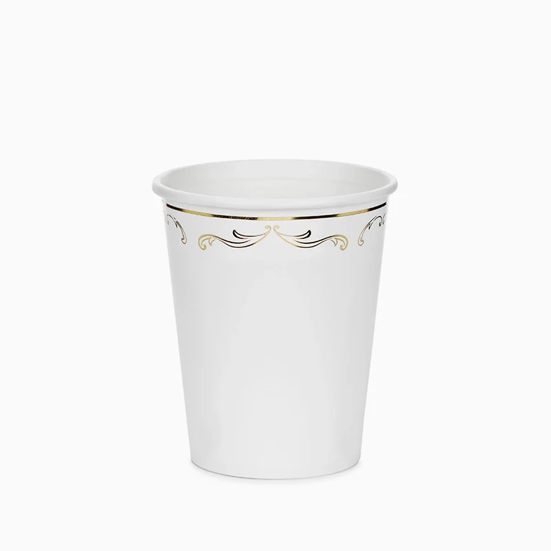 Vaso Cartón 220 cc Blanco con Detalles Dorados